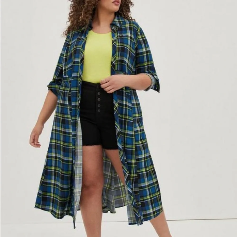 Torrid Blue and Yellow Challis Long Maxi Shirt Style Open Front Kimono Size 2X - Picture 1 of 15